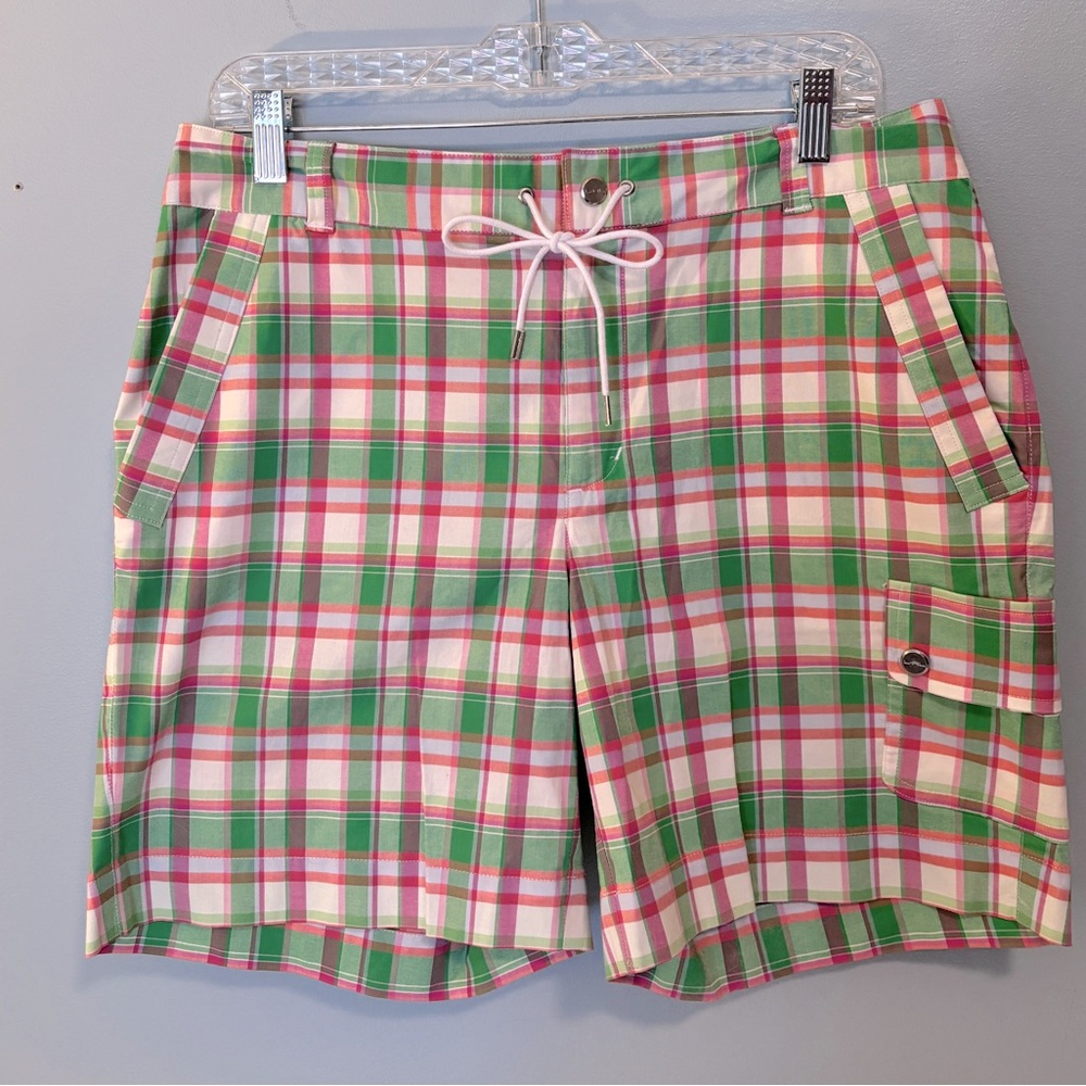 L-RL Lauren Ralph Lauren Active pink green plaid shorts sz Med spring stretch